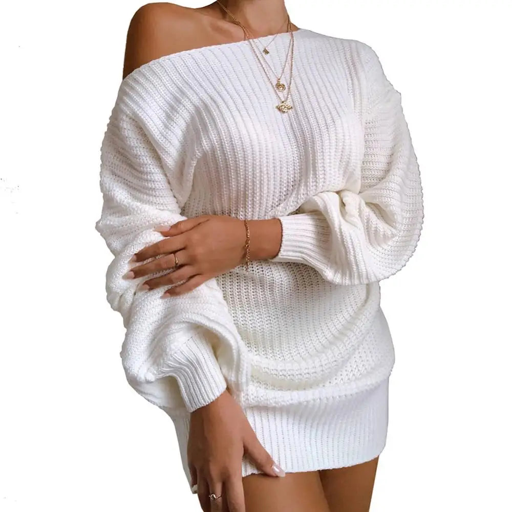 Womens Dresses Spring Fashion Cold Shoulder Lantern Sleeve Casual Plain Long Sleeve Daily Mini Knit Sweater Dress Woman Clothing